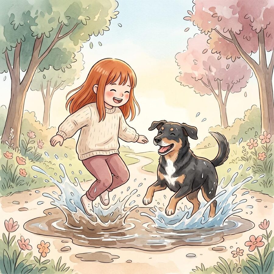 Kind und Hund springen durch eine Pfütze