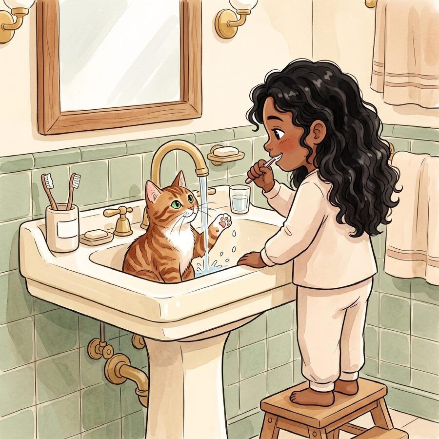 Katze sitzt im Lavabo und schaut beim Zähneputzen zu
