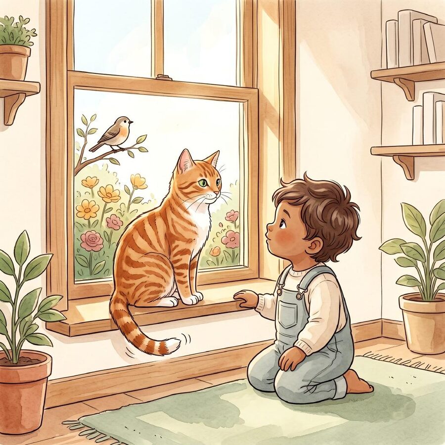 Katze und Junge beobachten einen Vogel am Fenster