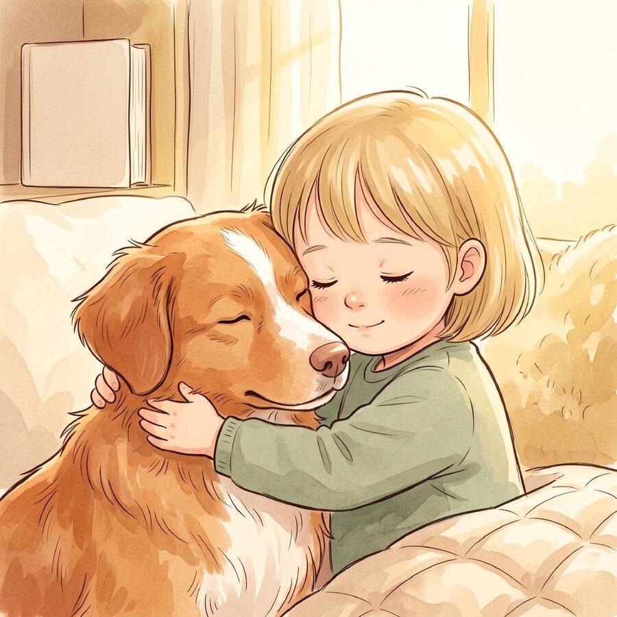 Kind umarmt seinen Hund